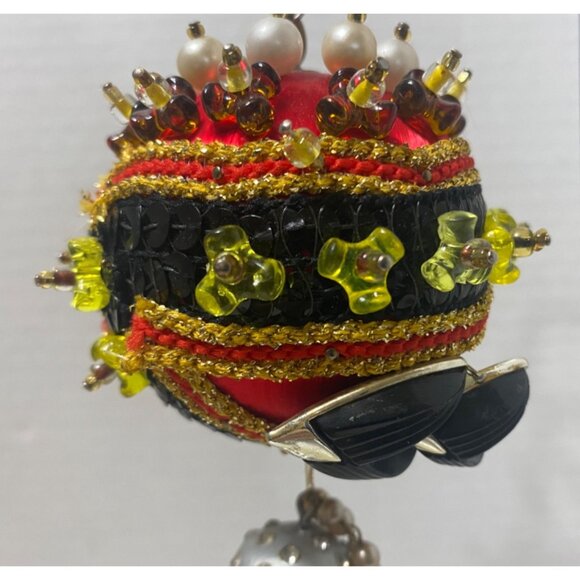 Vintage Hand Made Push Pin Red Satin Faux Pearl Beaded Christmas Ornament Fancy - Picture 2 of 6